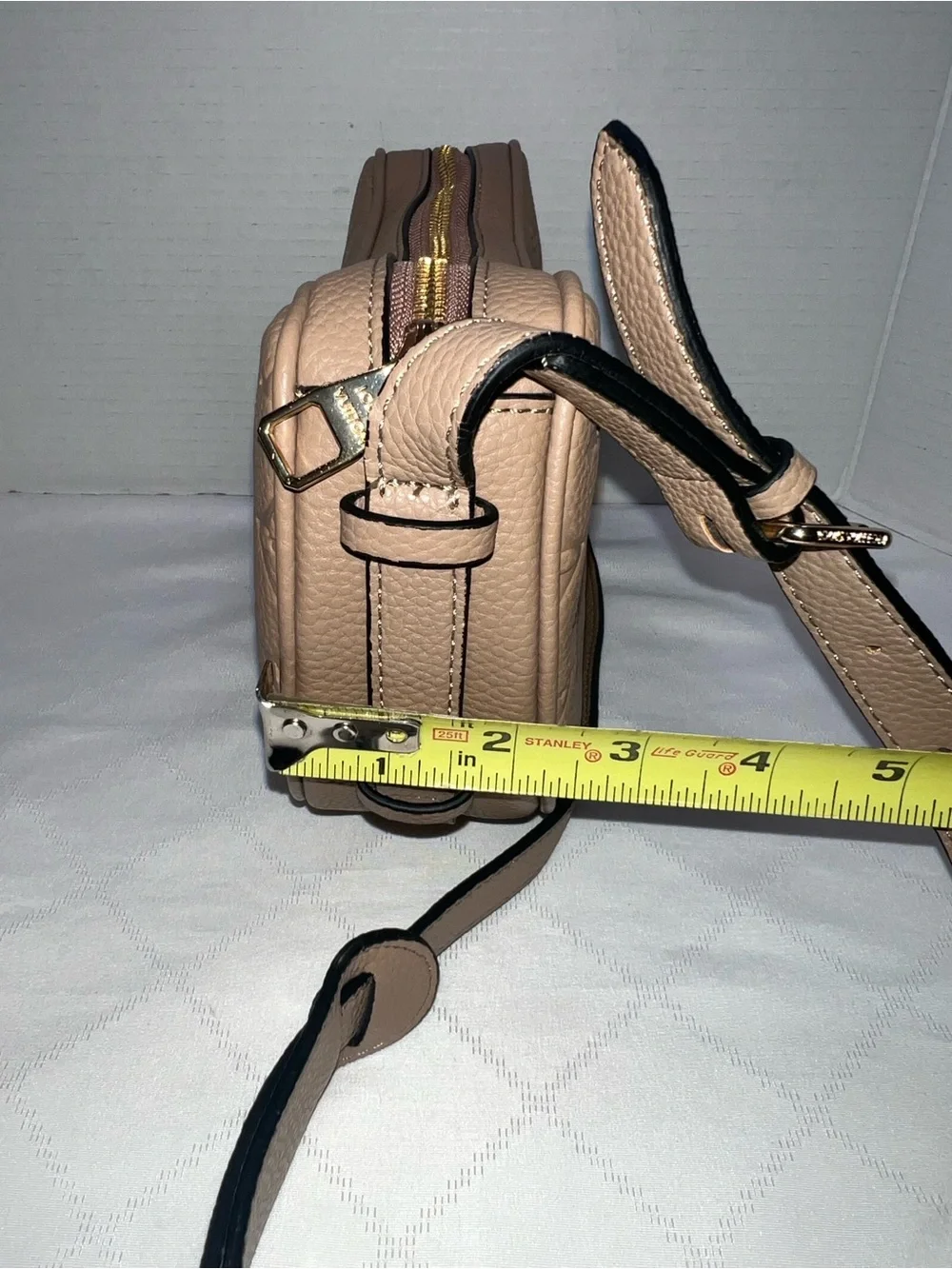 Designer inspired half-moon shoulder bag in a neutral taupe leather w/monogram